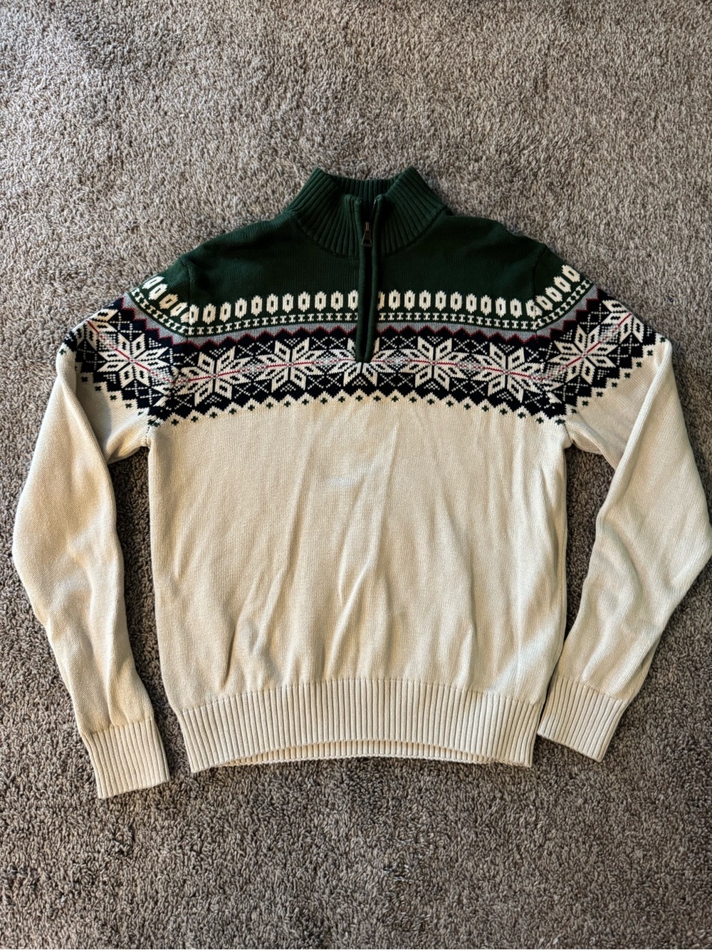Weatherproof Men's Half-Zip Nordic Sweater in Green & Cream